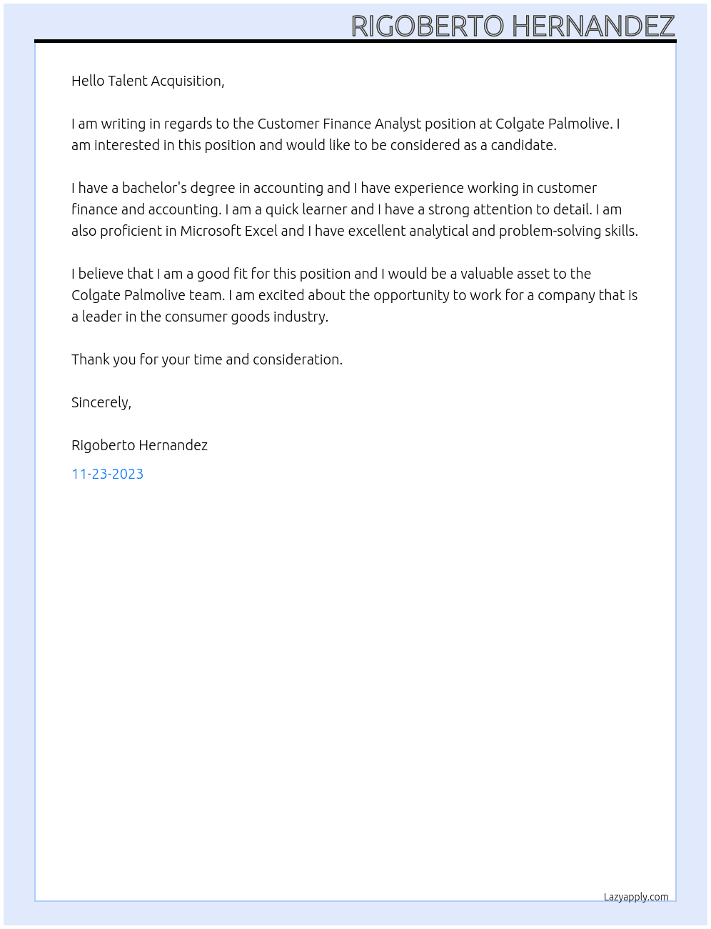 Customer Finance Analyst At Colgate Palmolive Cover Letter