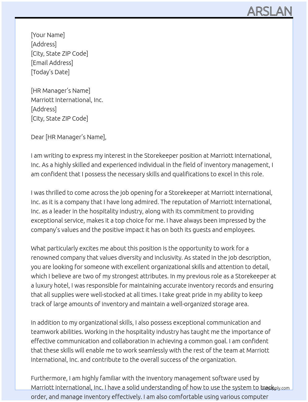 Storekeeper At marriott international,inc Cover Letter