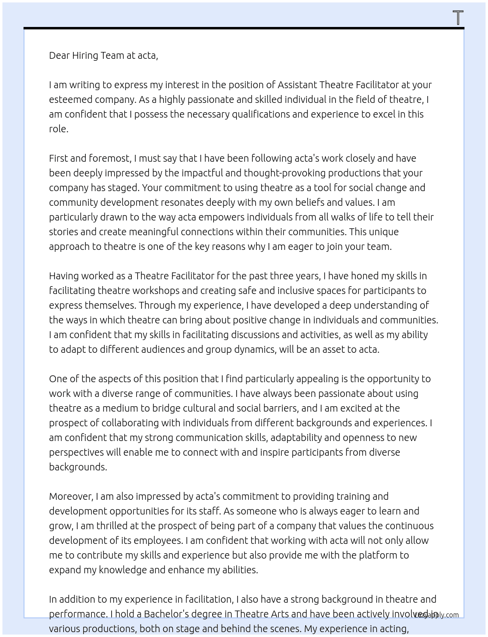 Assistant Theatre Facilitator  At acta Cover Letter