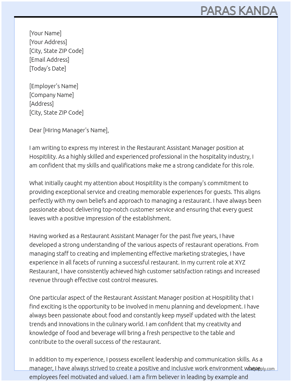 Restaurant assistant manger At hospitility Cover Letter