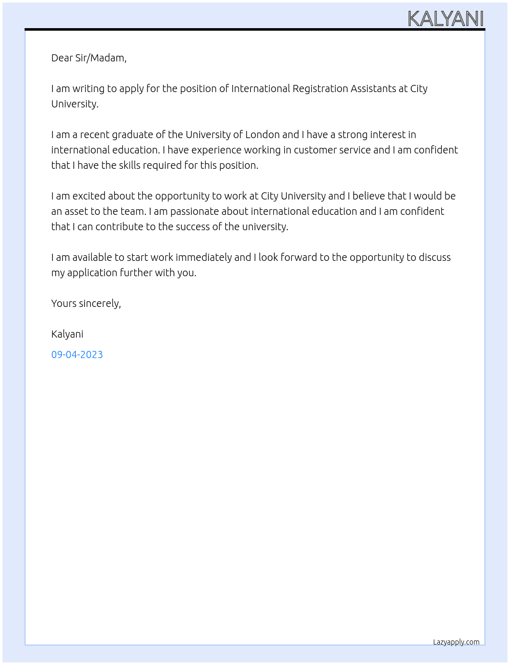 International Registration Assistants At City University  Cover Letter