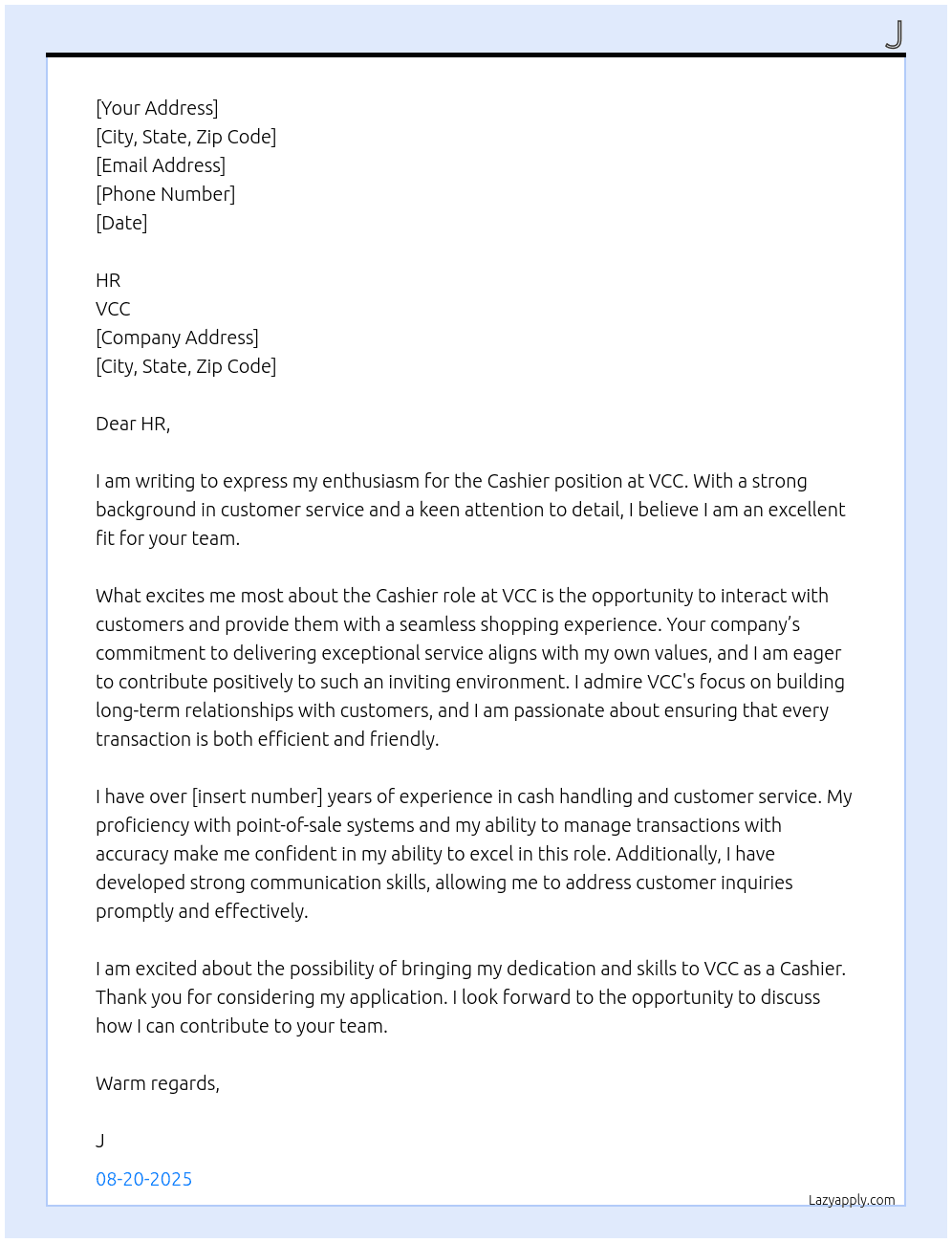 Cashier At VCC Cover Letter