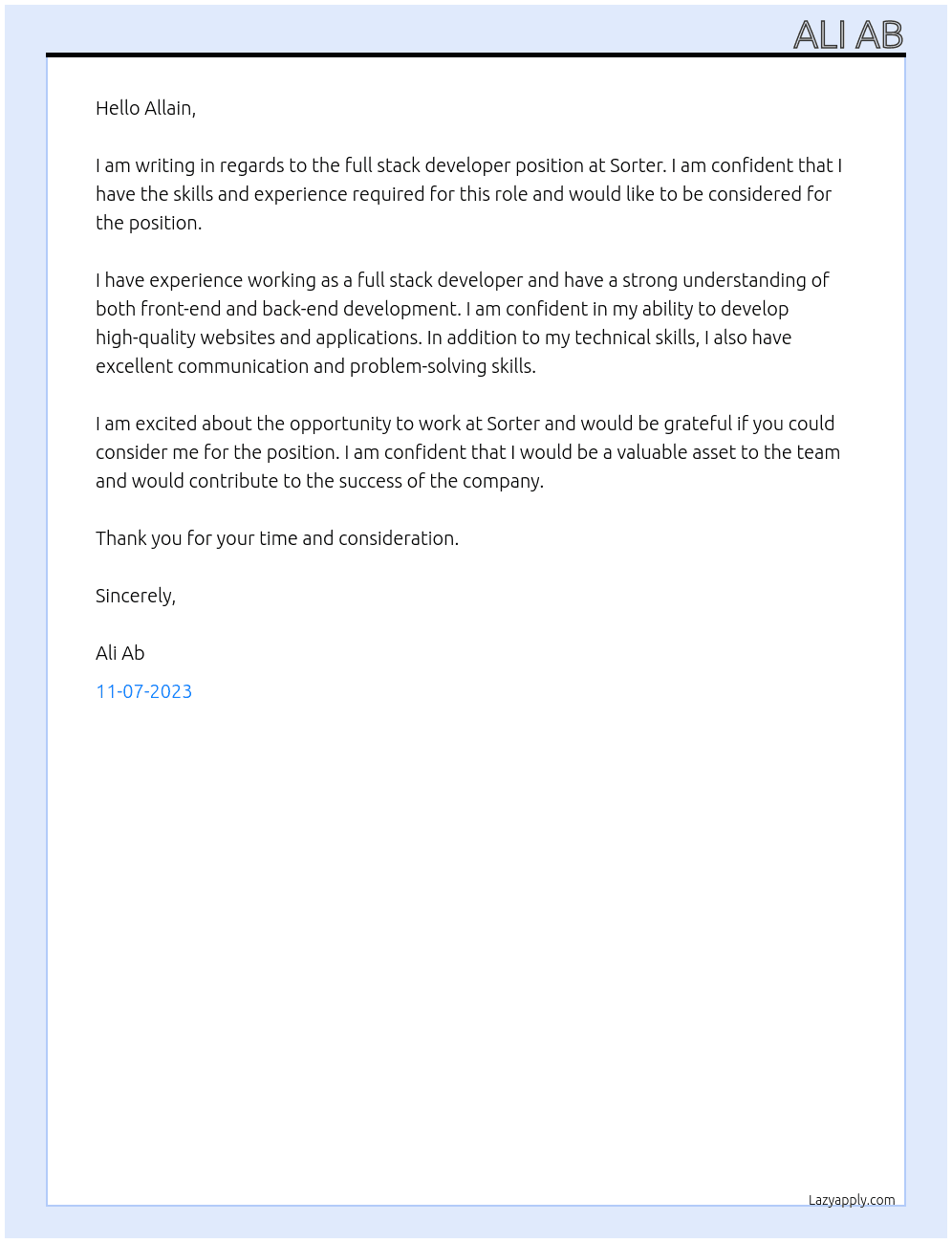 full stakc developer At sorter Cover Letter