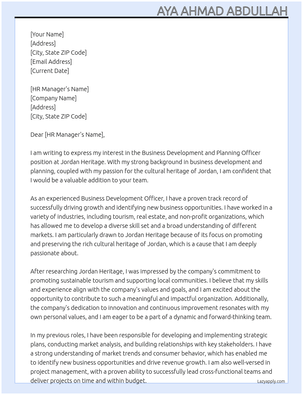 Business development and planning officer At Jordan Heritage  Cover Letter