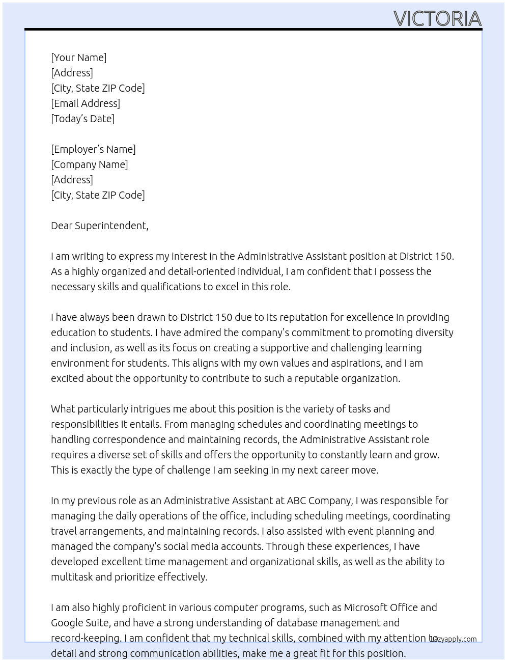 ADMINISTRATIVE ASSISTANT At District 150 Cover Letter