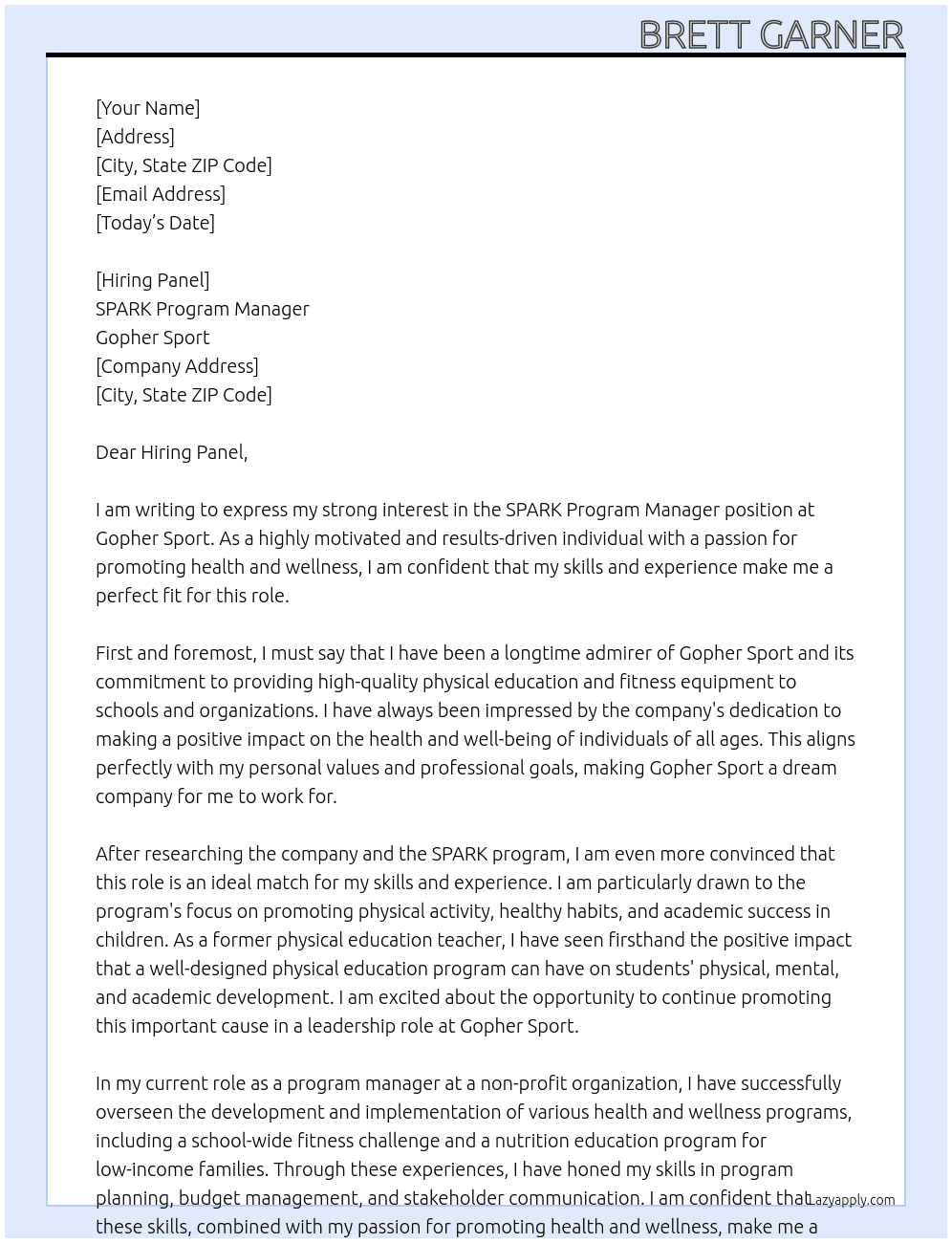 SPARK program manager At Gopher Sport Cover Letter