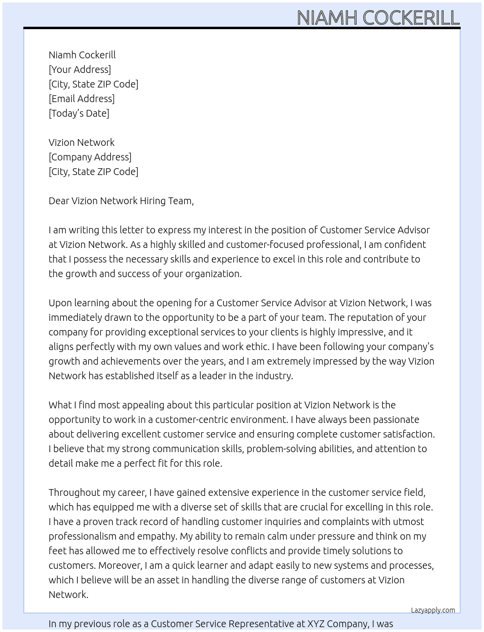 Customer Service Advisor At Vizion Network Cover Letter