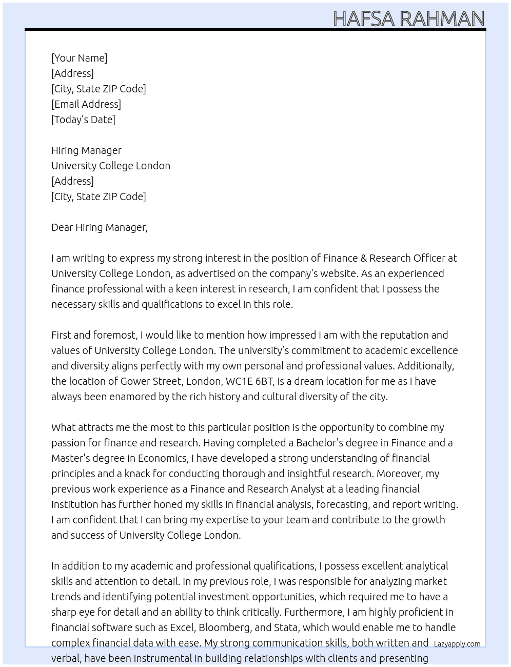 Finance & Research Officer At University College London Cover Letter
