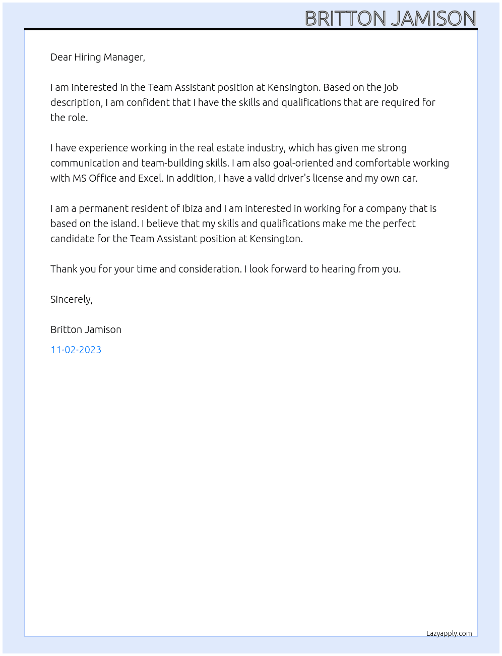 Team Assistant  At Kensington  Cover Letter
