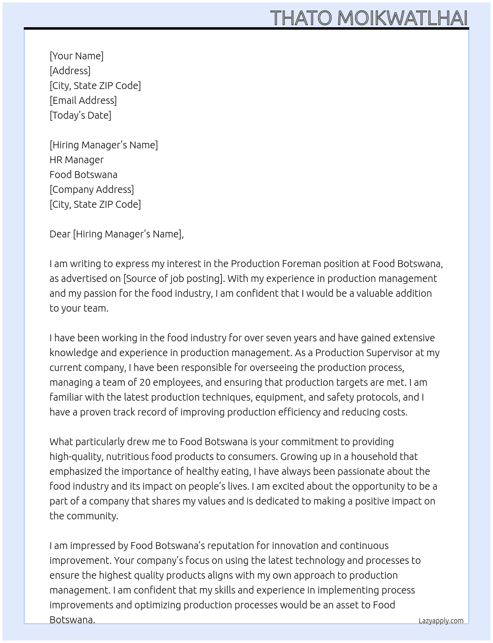 Production Foreman  At Food Botswana  Cover Letter