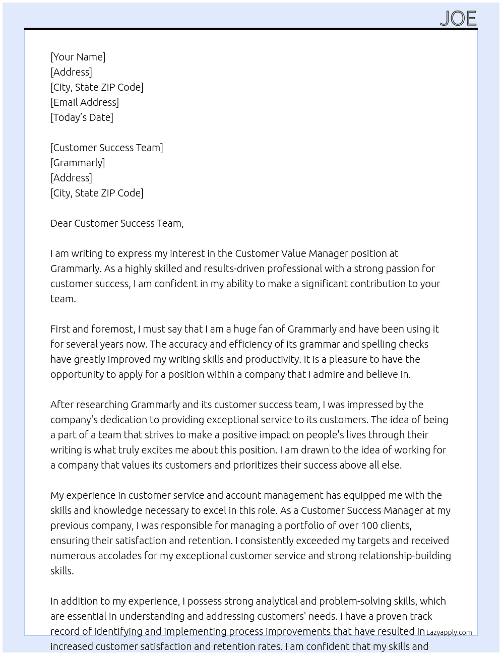 Customer Value Manager At Grammarly Cover Letter