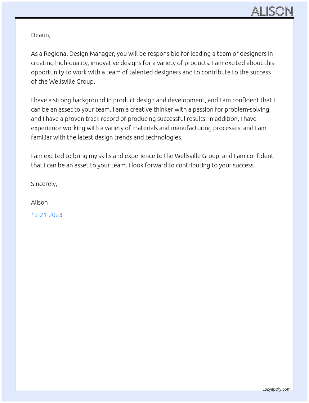 Regional Design Manager At Wellsville group Cover Letter