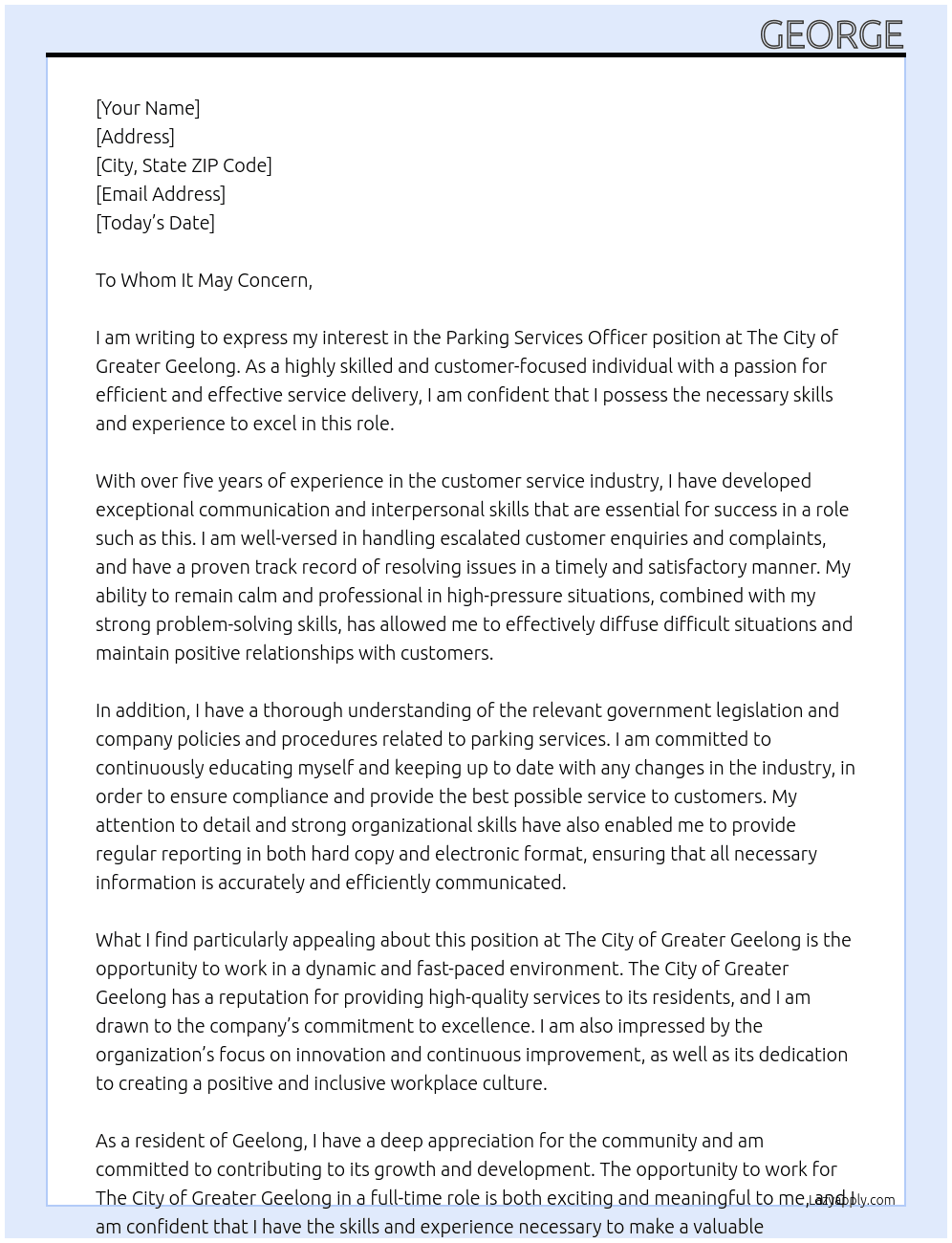 Parking Services Officer At The City of Greater Geelong Cover Letter