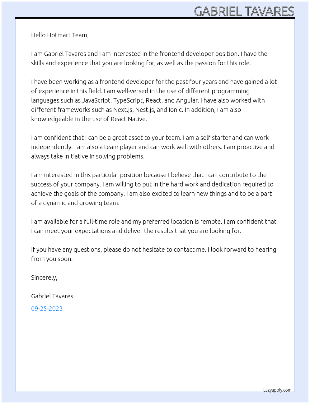 Frontend Developer At Hotmart Cover Letter