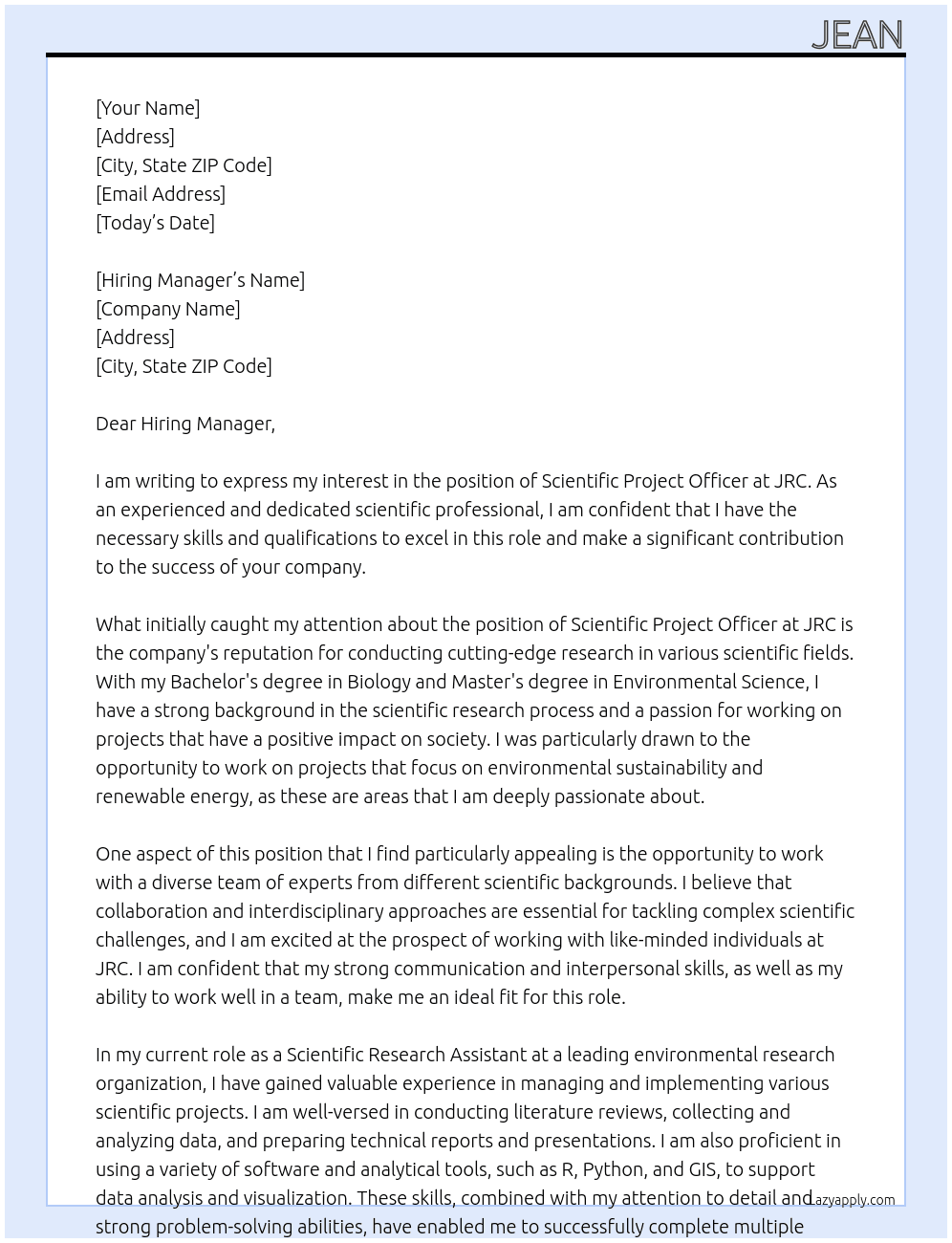 Scientific Project Officer At JRC Cover Letter