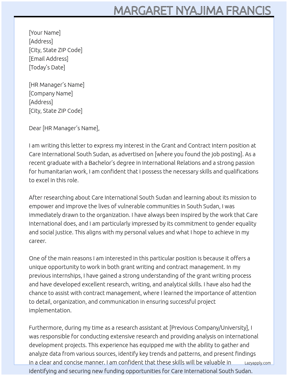 grant and contract intern  At care international south sudan Cover Letter