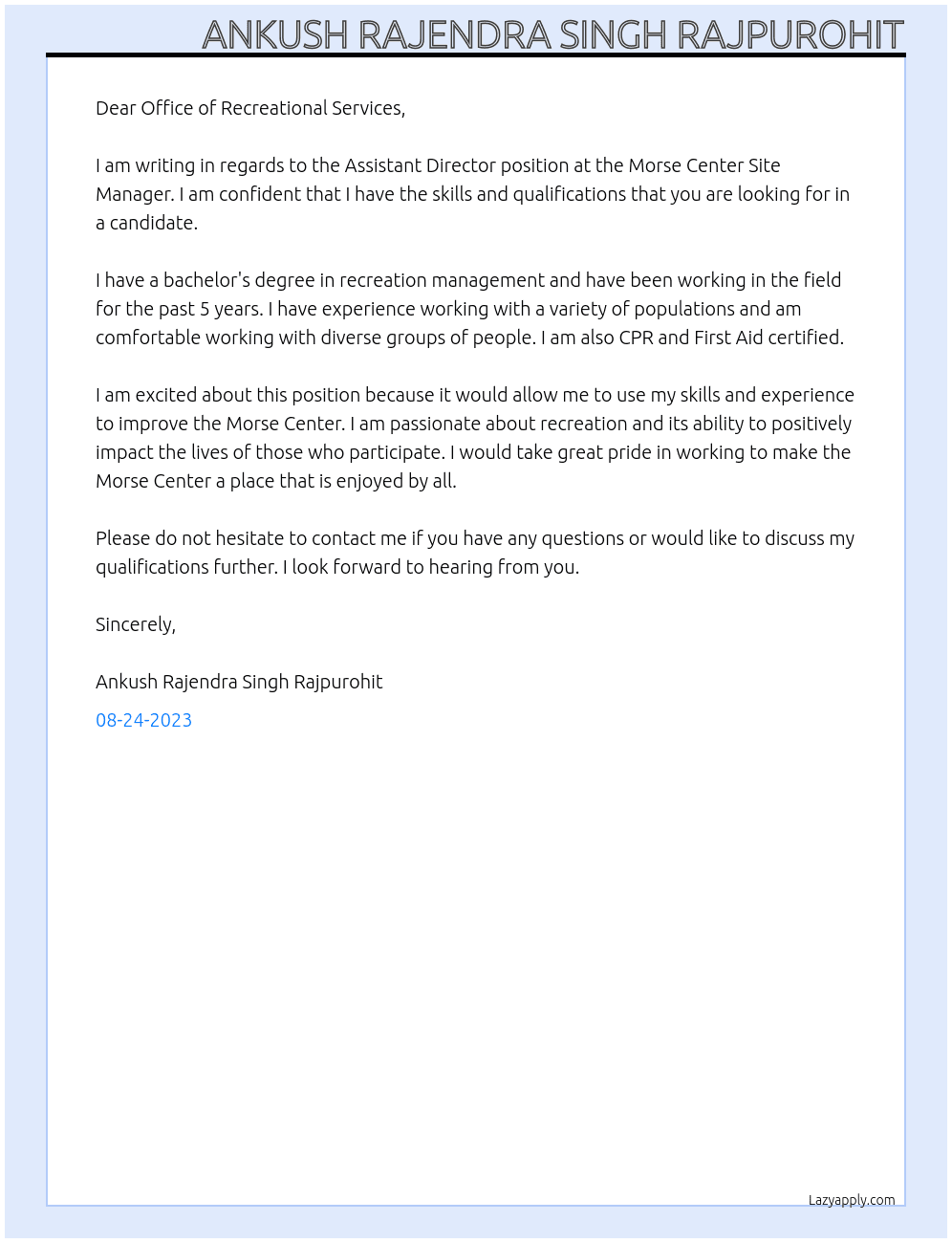 Morse Center Site Manager At  Office of Recreational Services Cover Letter