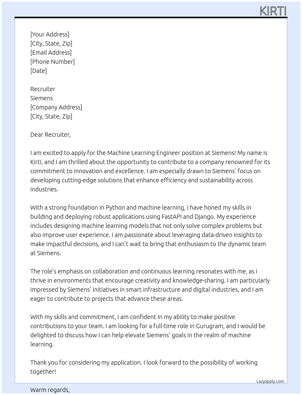 machine learning engineer At siemens Cover Letter