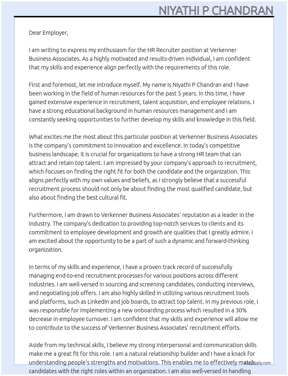 hr recruiter At VERKENNER BUSINESS ASSOCIATES Cover Letter