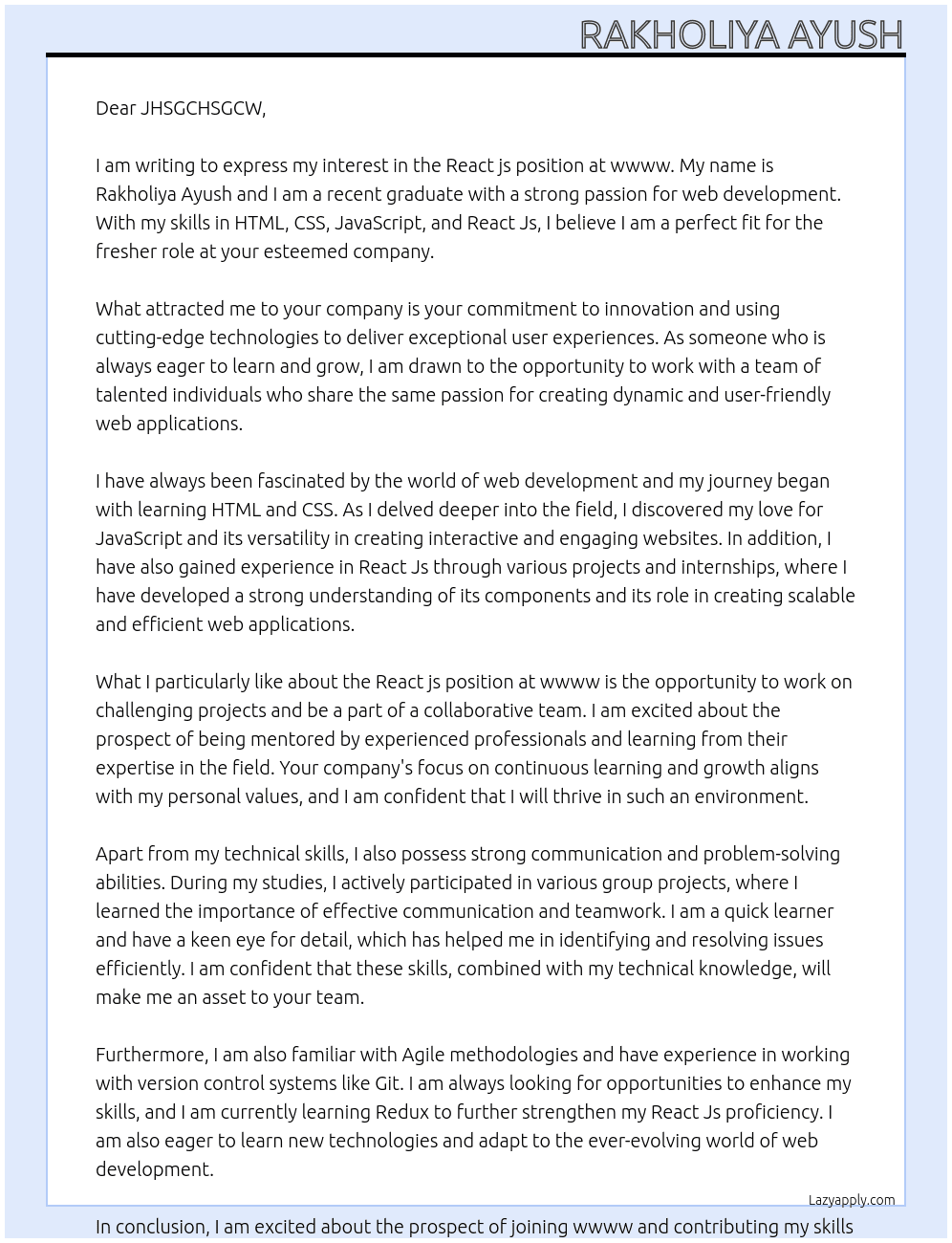 React js At wwww Cover Letter