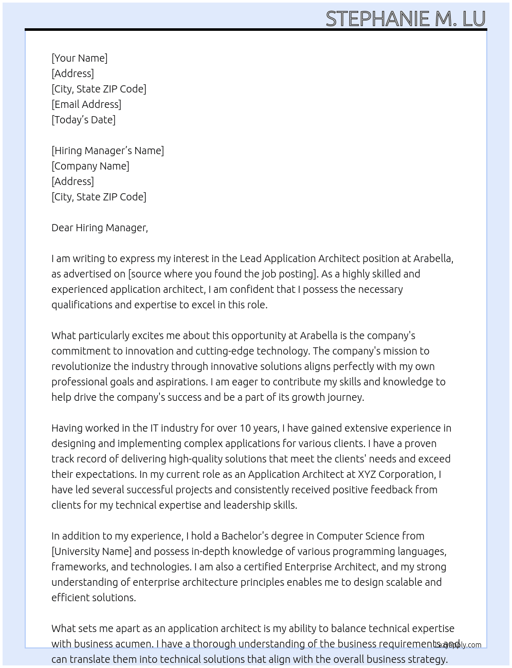 Lead application Architect  At Arabella Cover Letter