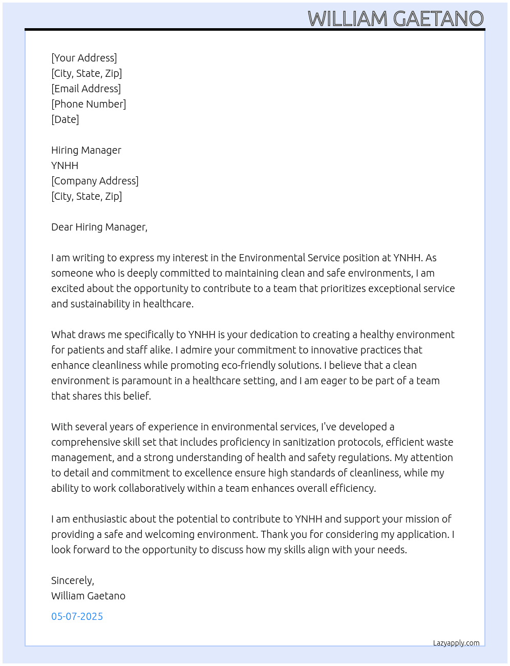 environmental service At YNHH Cover Letter
