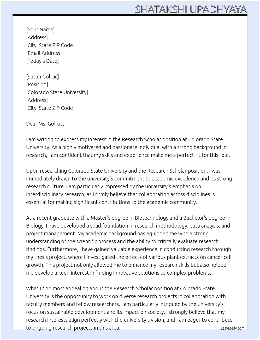 Research Scholar At Colorado state university Cover Letter