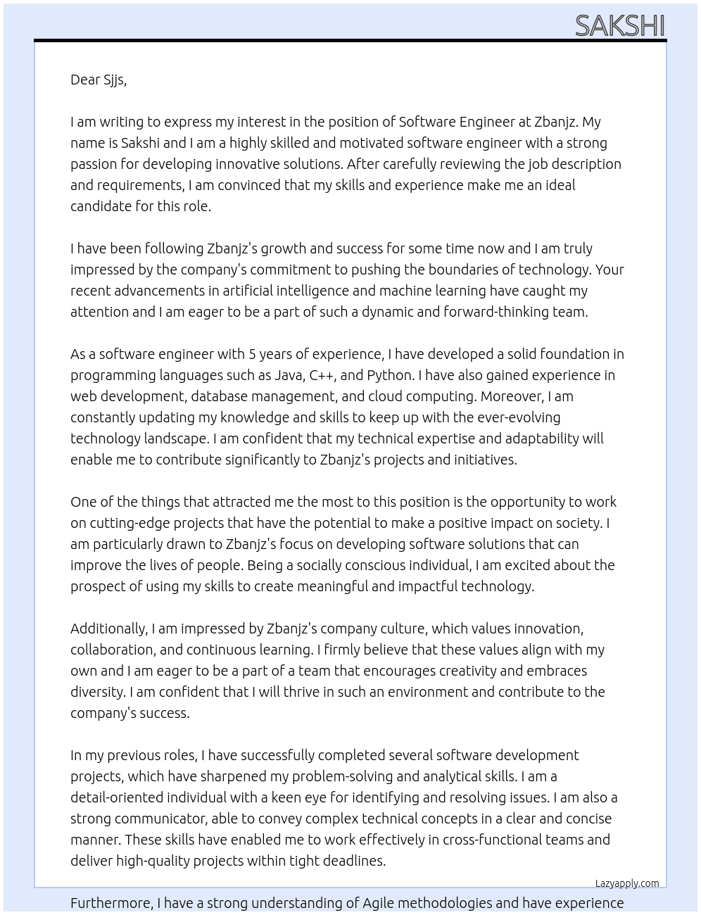 Software Engineer  At Zbanjz Cover Letter