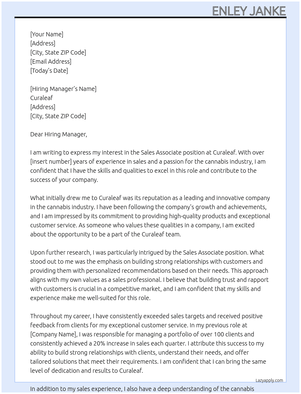 Sales Associate At Curaleaf Cover Letter