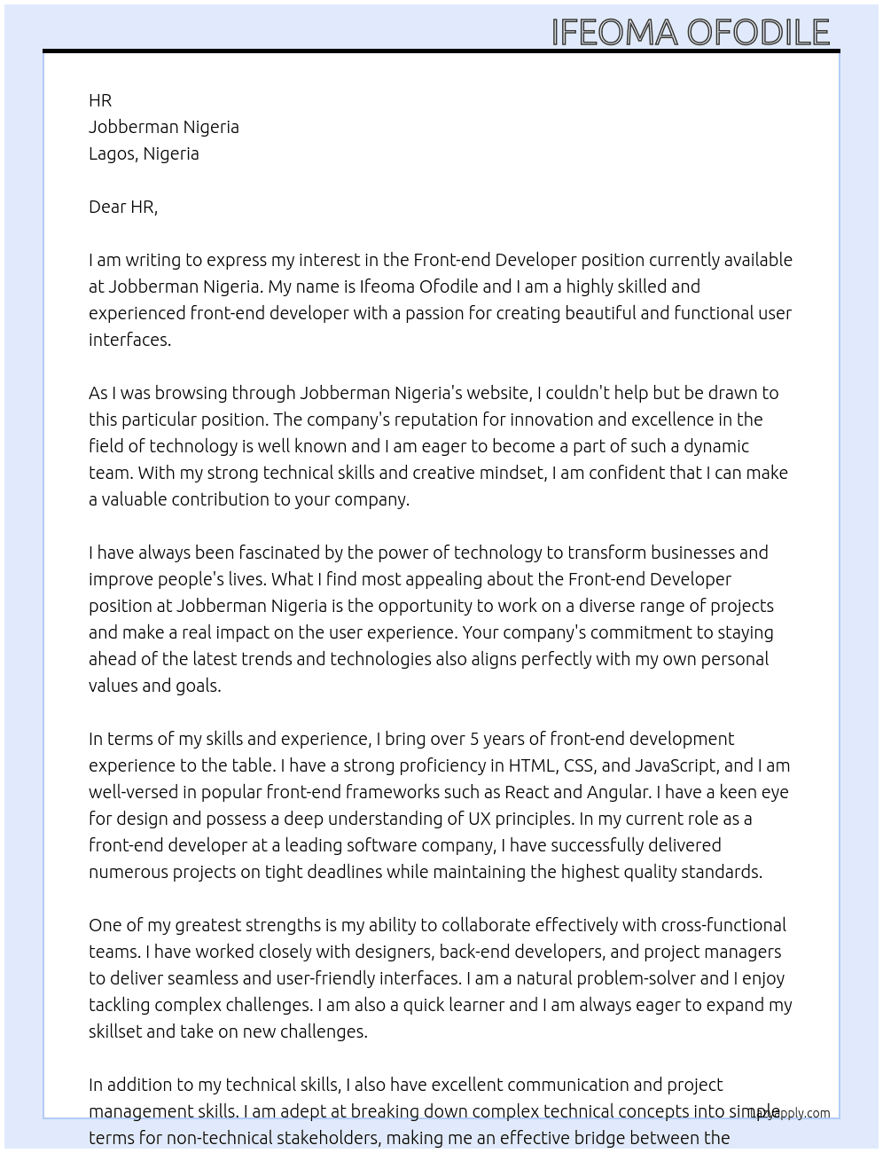 Front-end Developer  At Jobberman Nigeria  Cover Letter