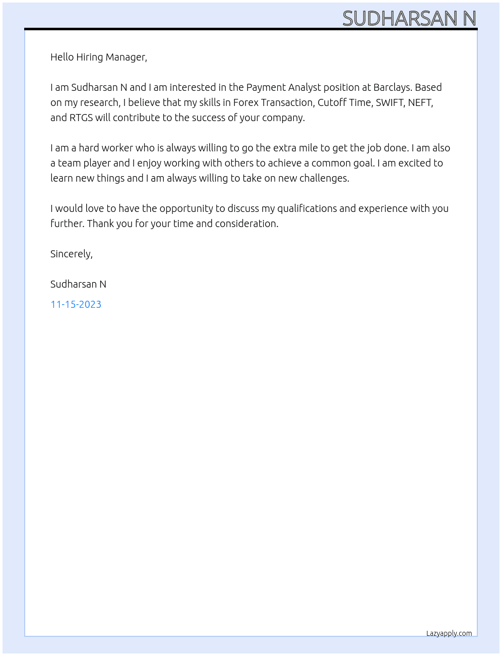 Payment Analyst  At Barclays  Cover Letter
