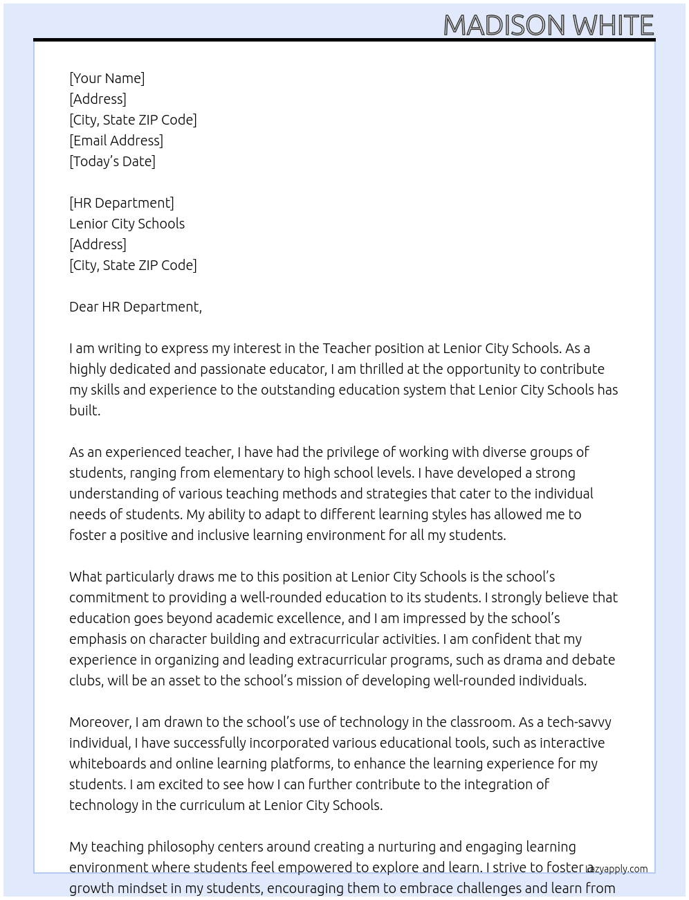 Teacher At Lenior City Schools Cover Letter