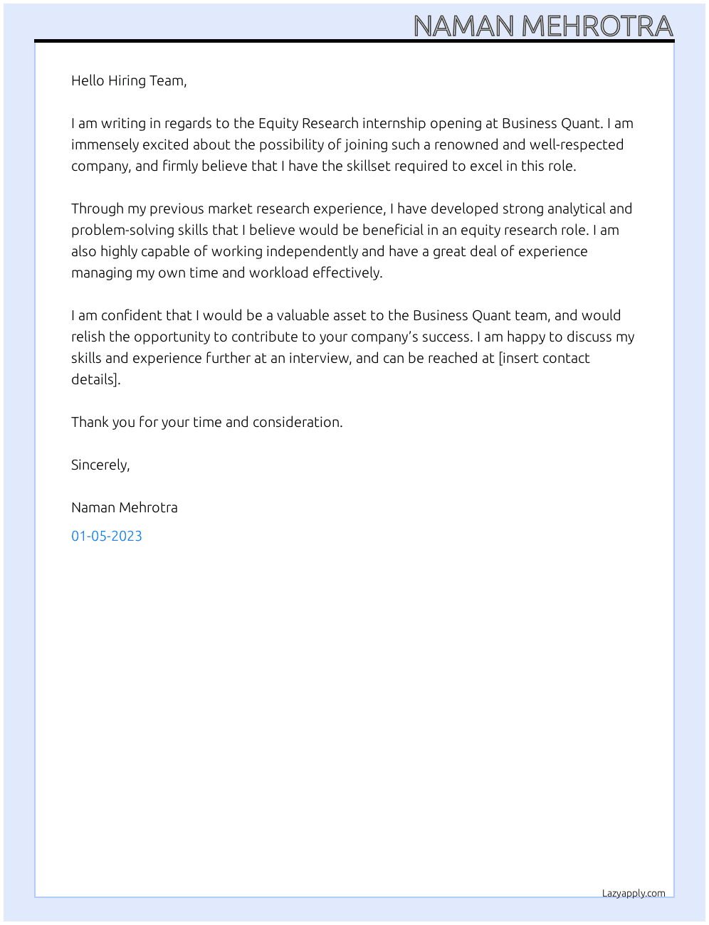 Cover letter for equity research internship - LazyApply