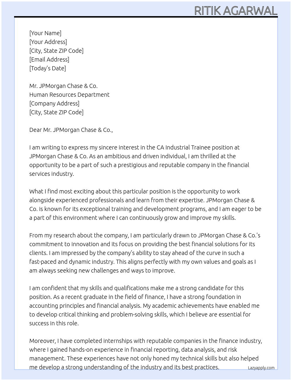 CA industrial trainee At JPMorgan Chase & Co. Cover Letter