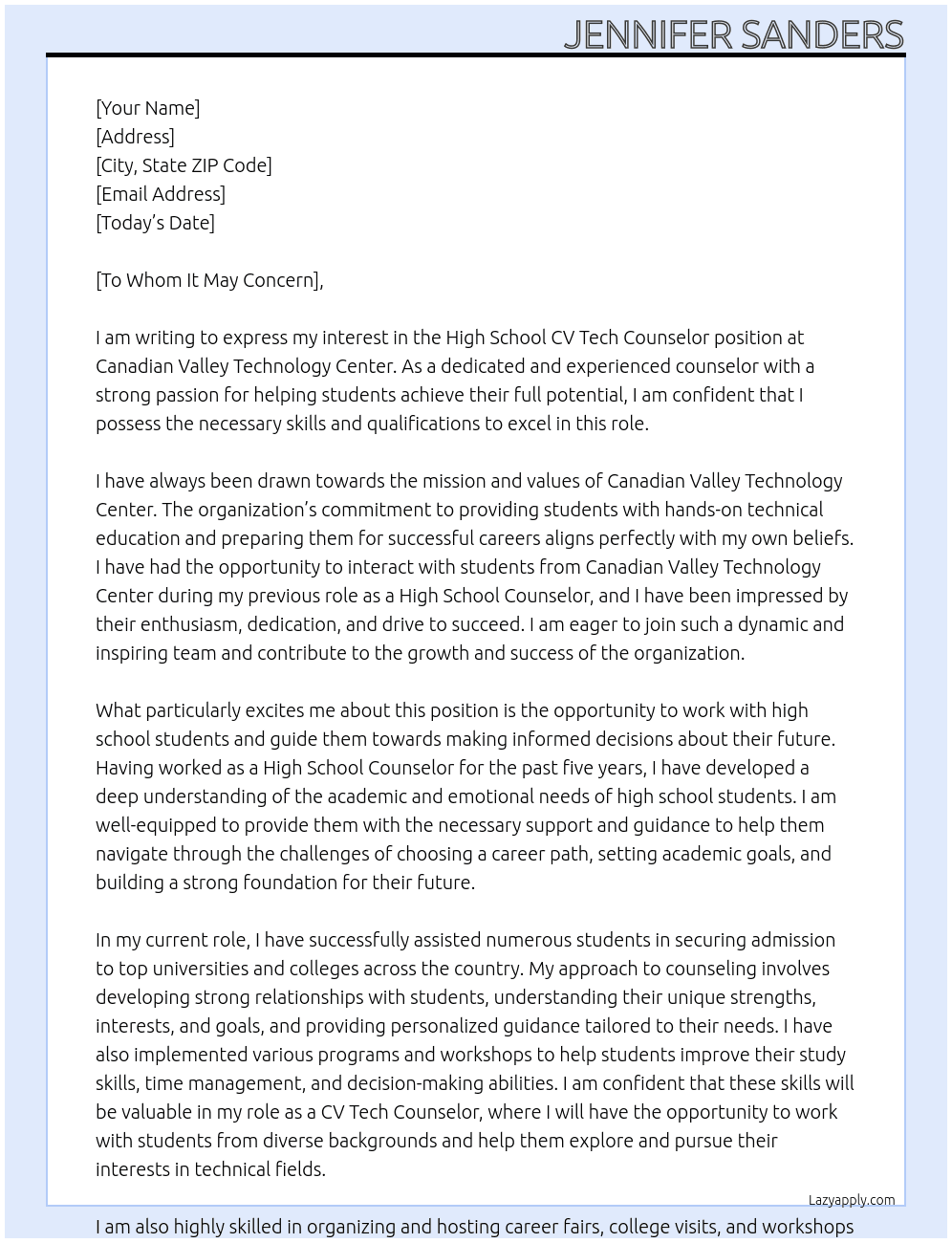 High School CV Tech Counselor At Canadian Valley Technology Center Cover Letter
