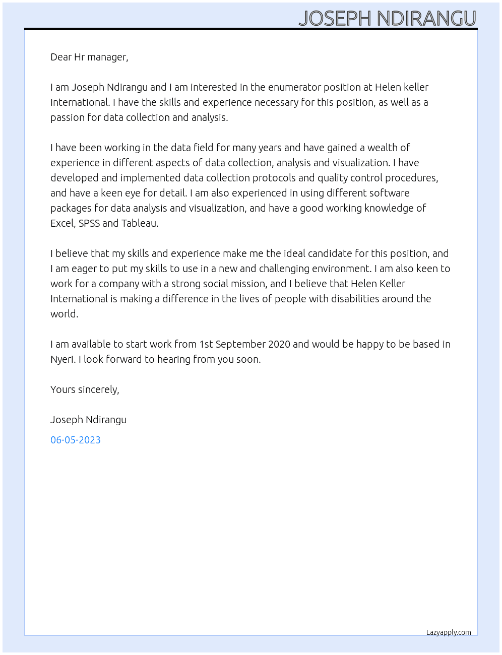 Enumerator At Helen keller International Cover Letter