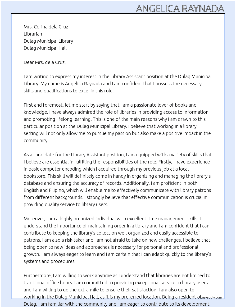 Library assistant At Dulag Municipal Library Cover Letter