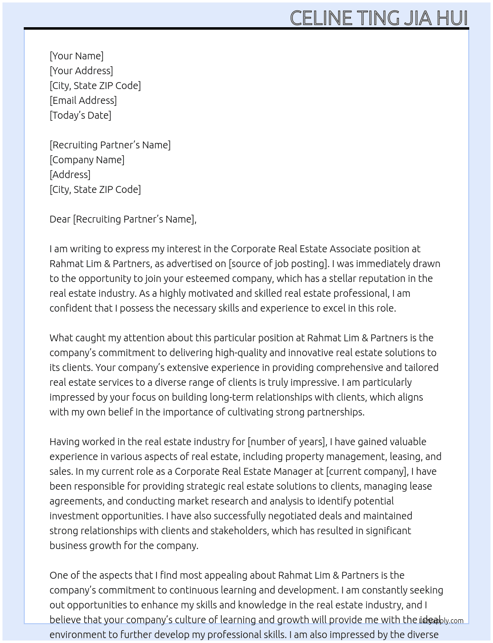 Corporate Real Estate Associate At Rahmat Lim & Partners Cover Letter