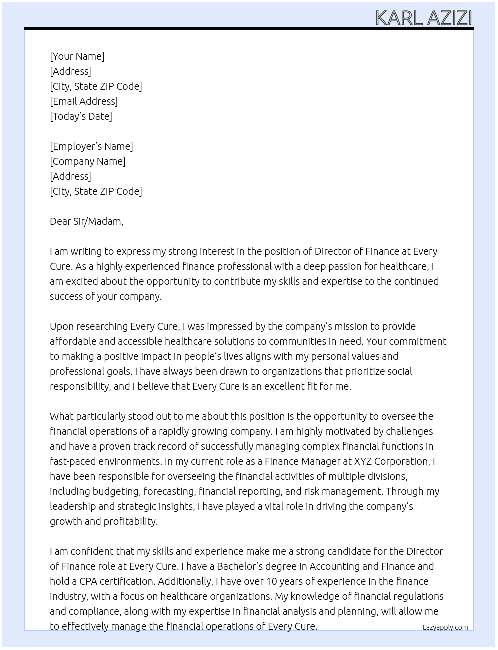 Director of Finance At Every Cure Cover Letter