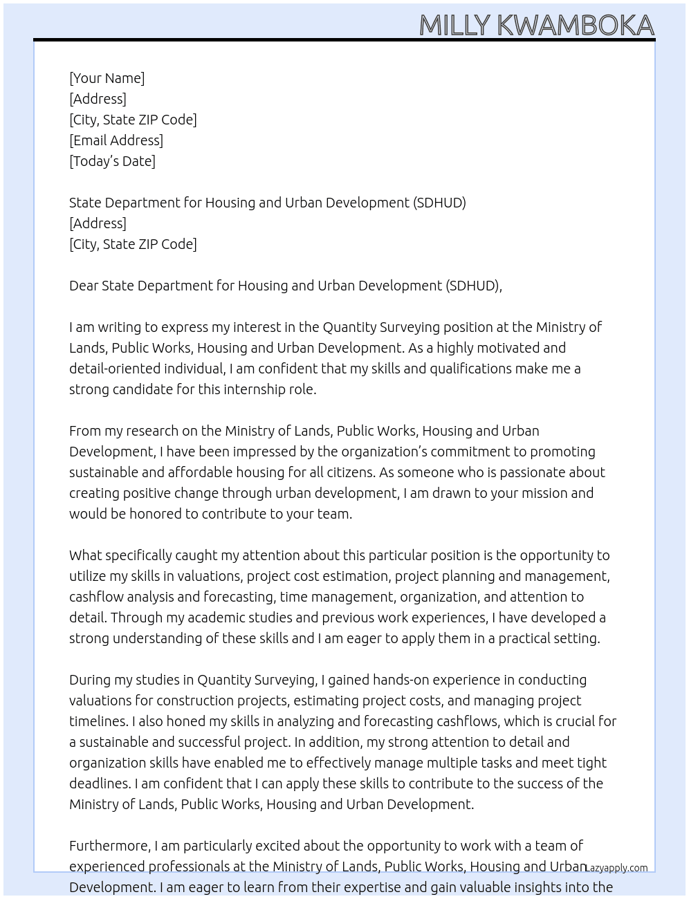 Quantity surveying At Ministry of Lands, Public Works, Housing and Urban Development Cover Letter