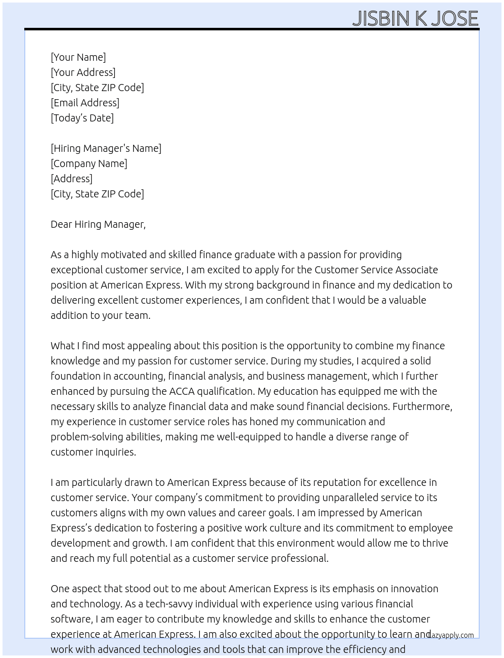 Customer service Associate  At American Express  Cover Letter