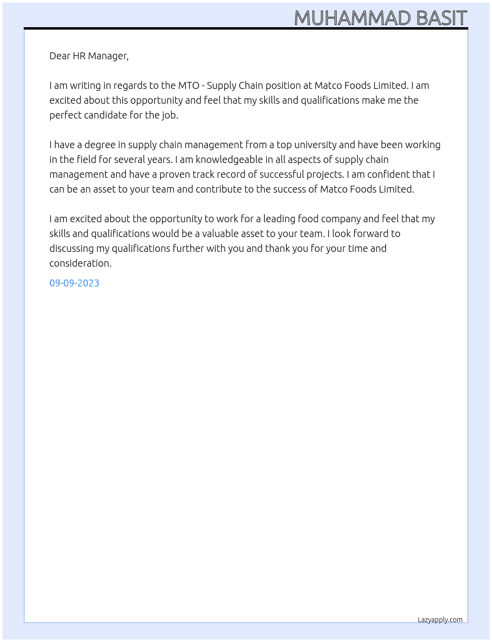 MTO - Supply Chain  At Matco Foods Limited  Cover Letter