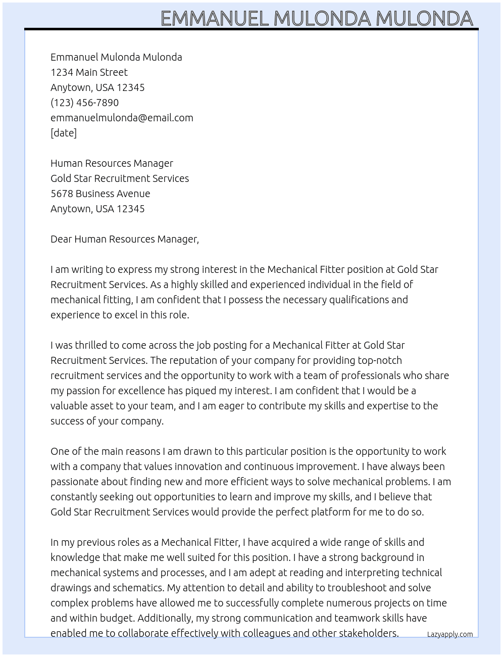 Mechanical fitter  At Gold Star Recruitment Services Cover Letter