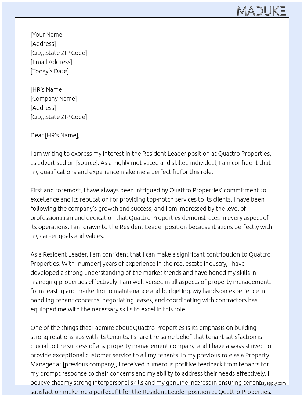 Rsident leader At QUattro properties Cover Letter
