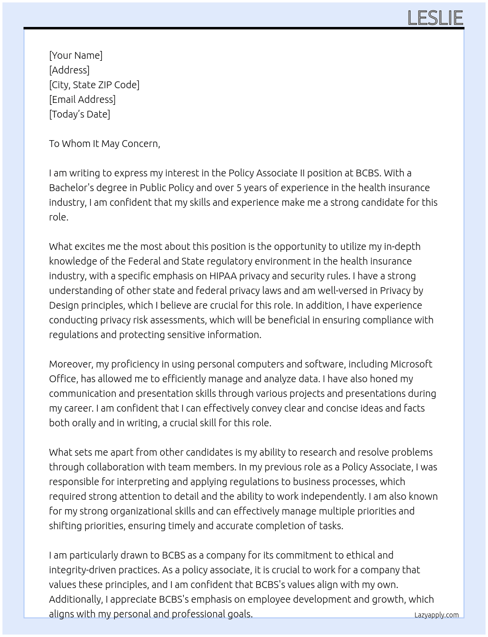 Policy Associate II At BCBS Cover Letter