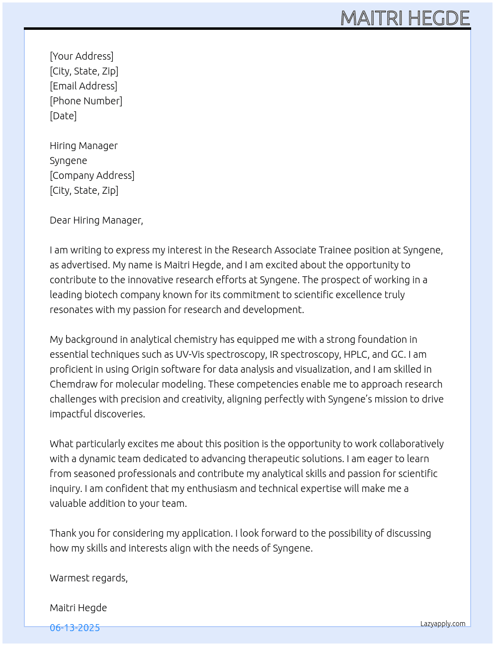 Cover letter for research associate trainee - LazyApply