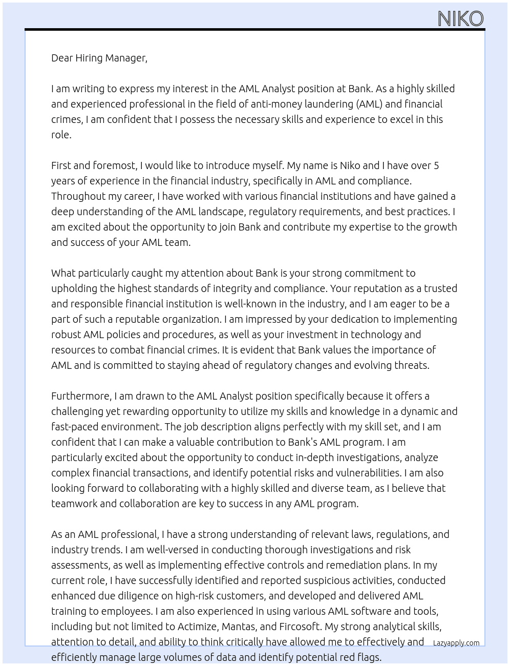 AML Analyst At Bank Cover Letter