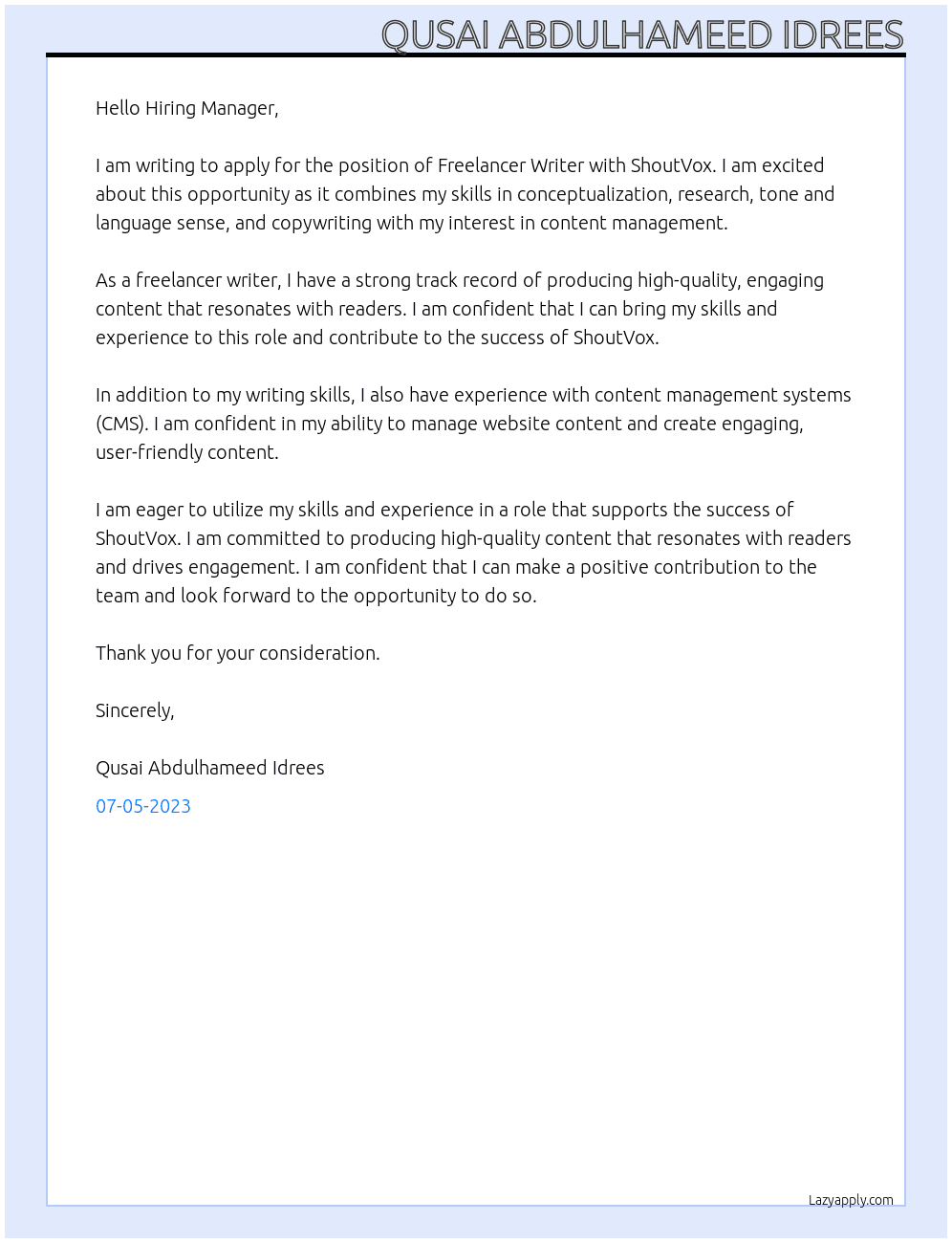 Freelancer Writer At ShoutVox Cover Letter