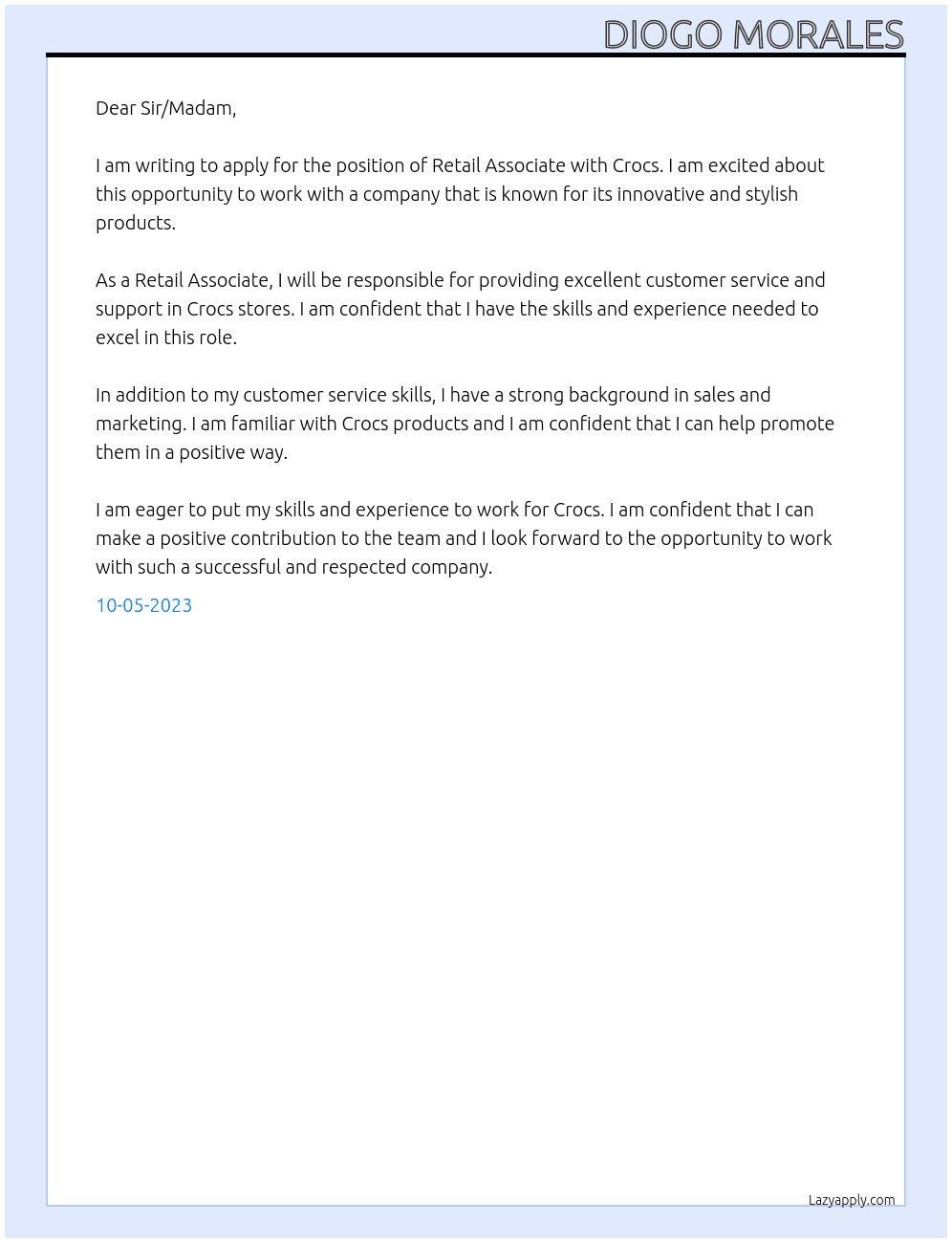Retail Associate  At Crocs Cover Letter