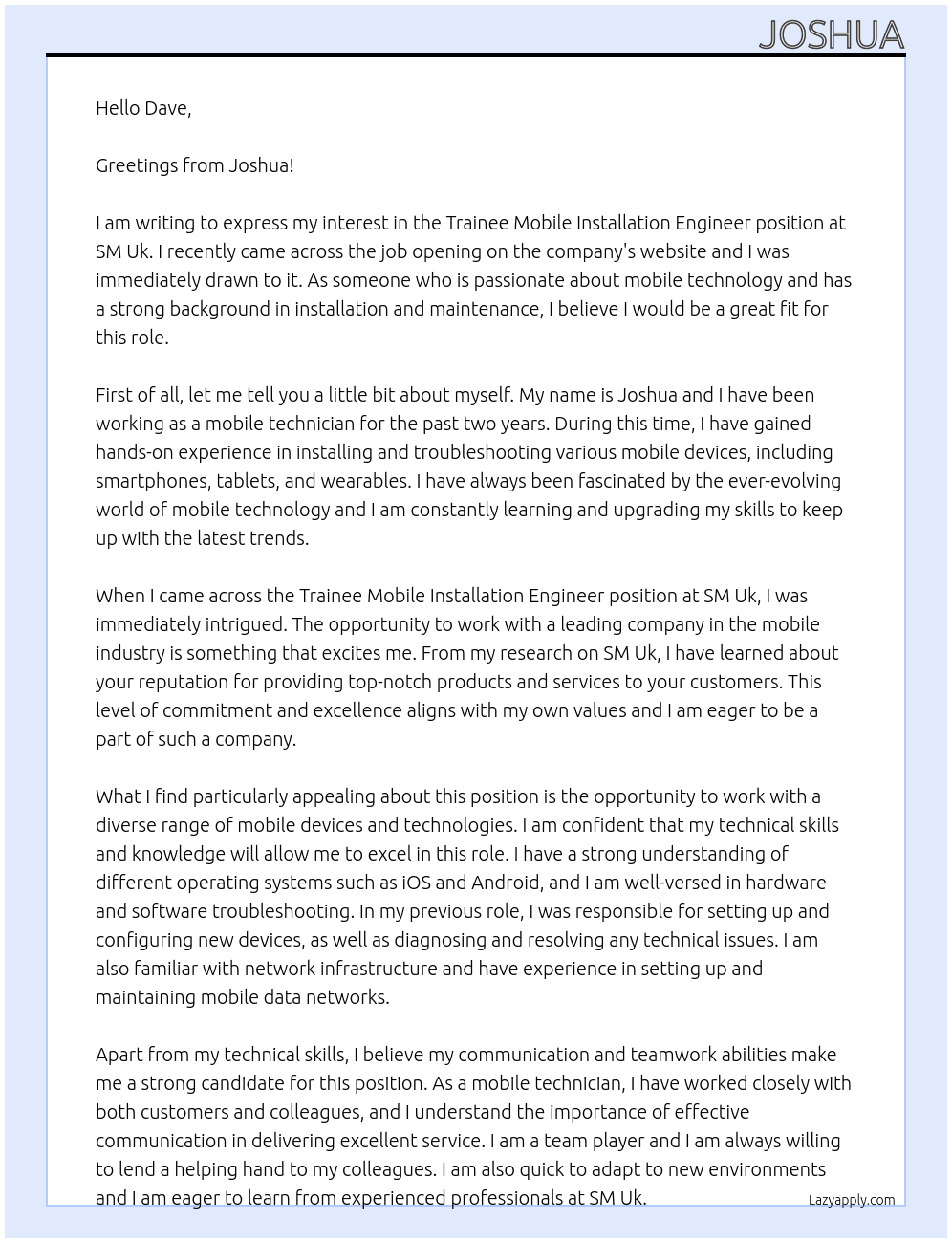 Trainee Mobile Installation Engineer At SM Uk Cover Letter